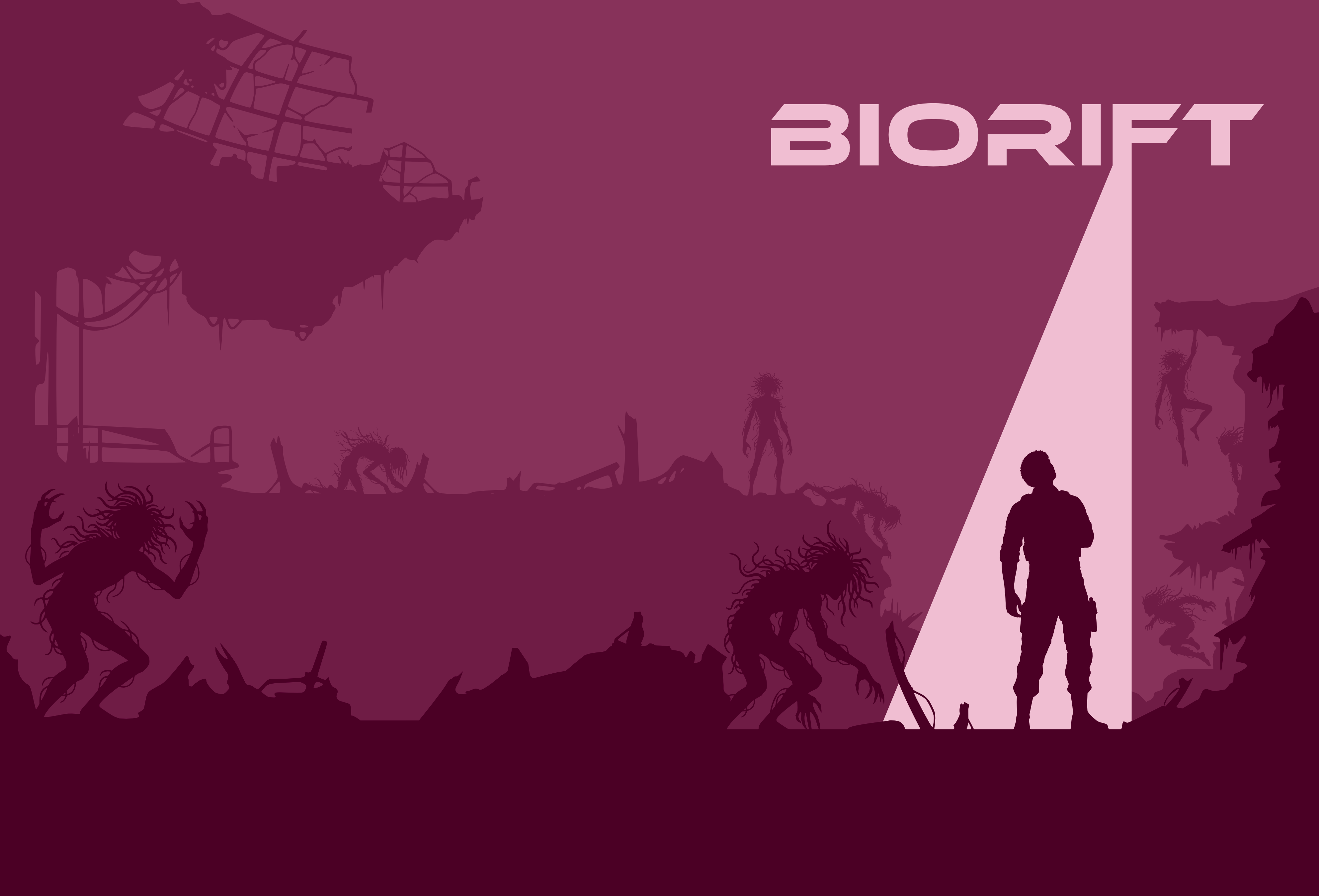 Biorift — the title revealed in a vertical beam of light behind the soldier, mutated creatures lurching in the mauve darkness