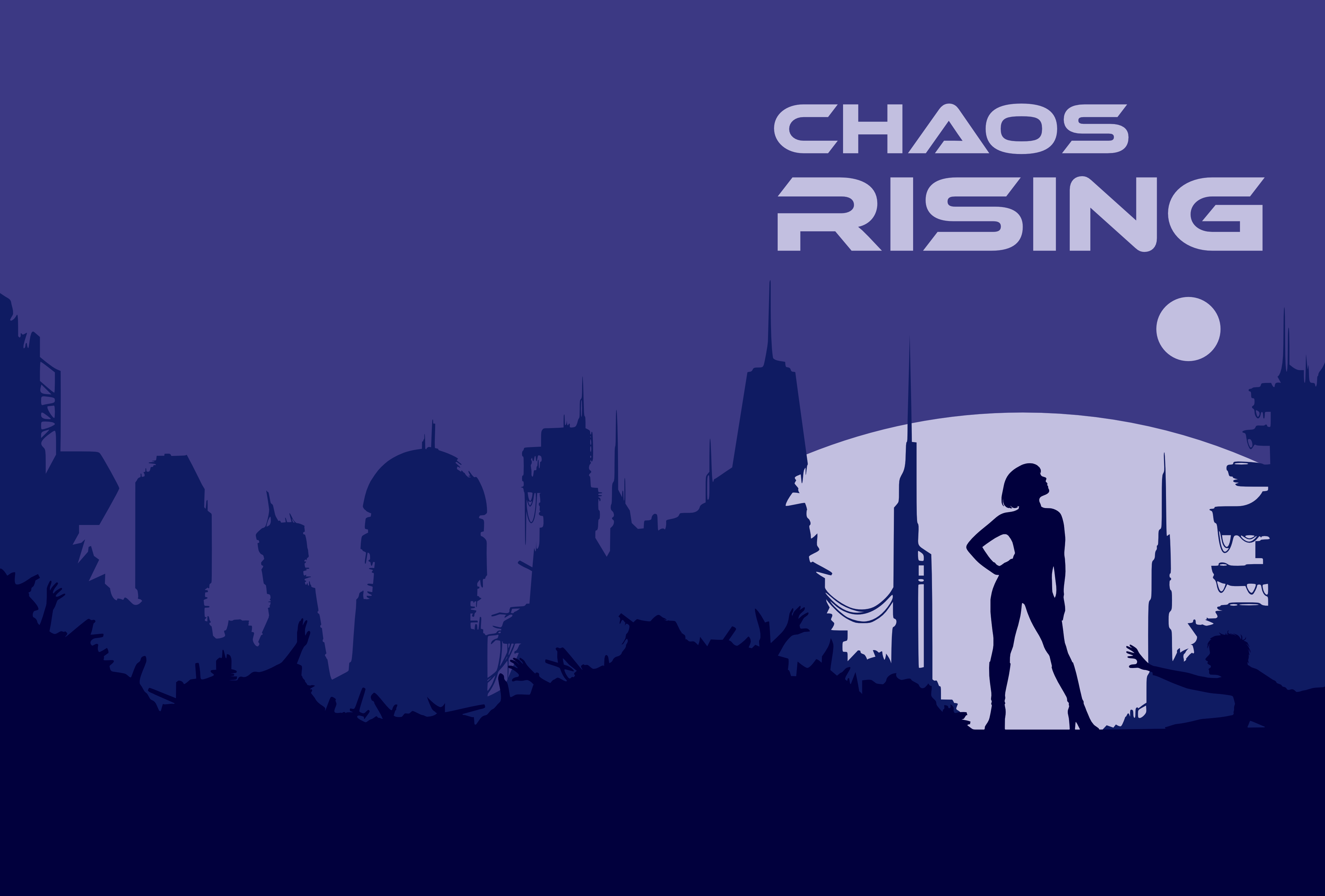 Chaos Rising — the title revealed in a beam of light behind the silhouetted figure, a moon glowing above the ruined city