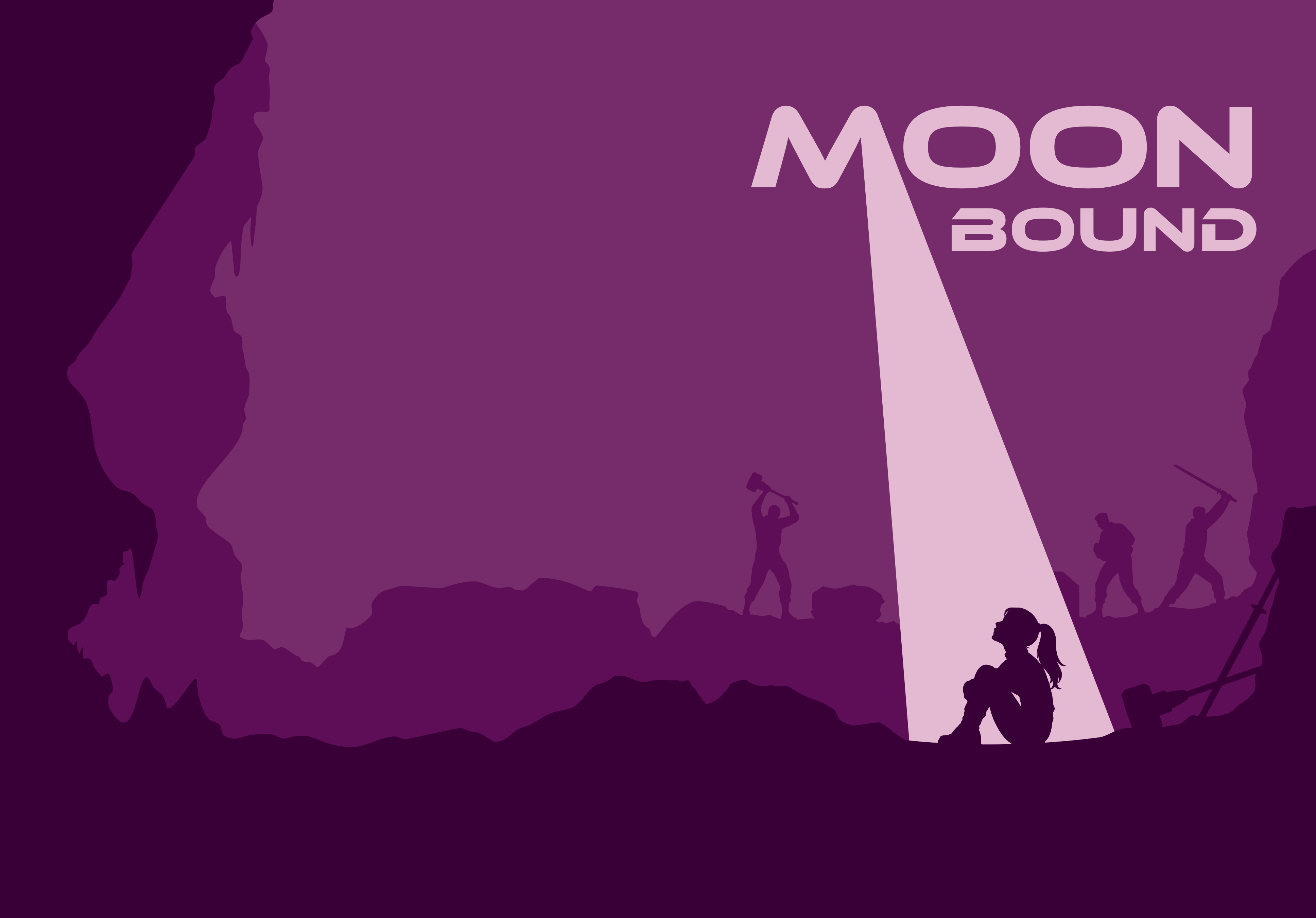Moon Bound — the title revealed in a beam of light falling on a crouching woman in the center of the lunar mining cavern