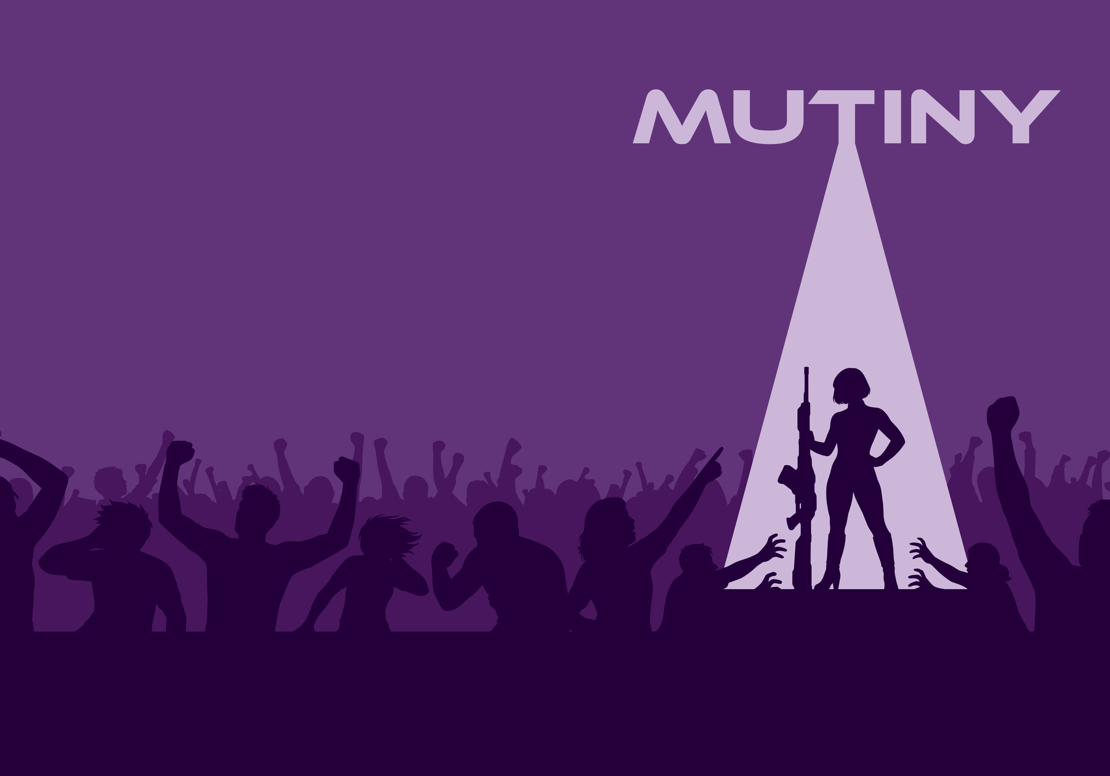 Mutiny — the title revealed in a spotlight beam illuminating the armed woman standing above the rioting crowd