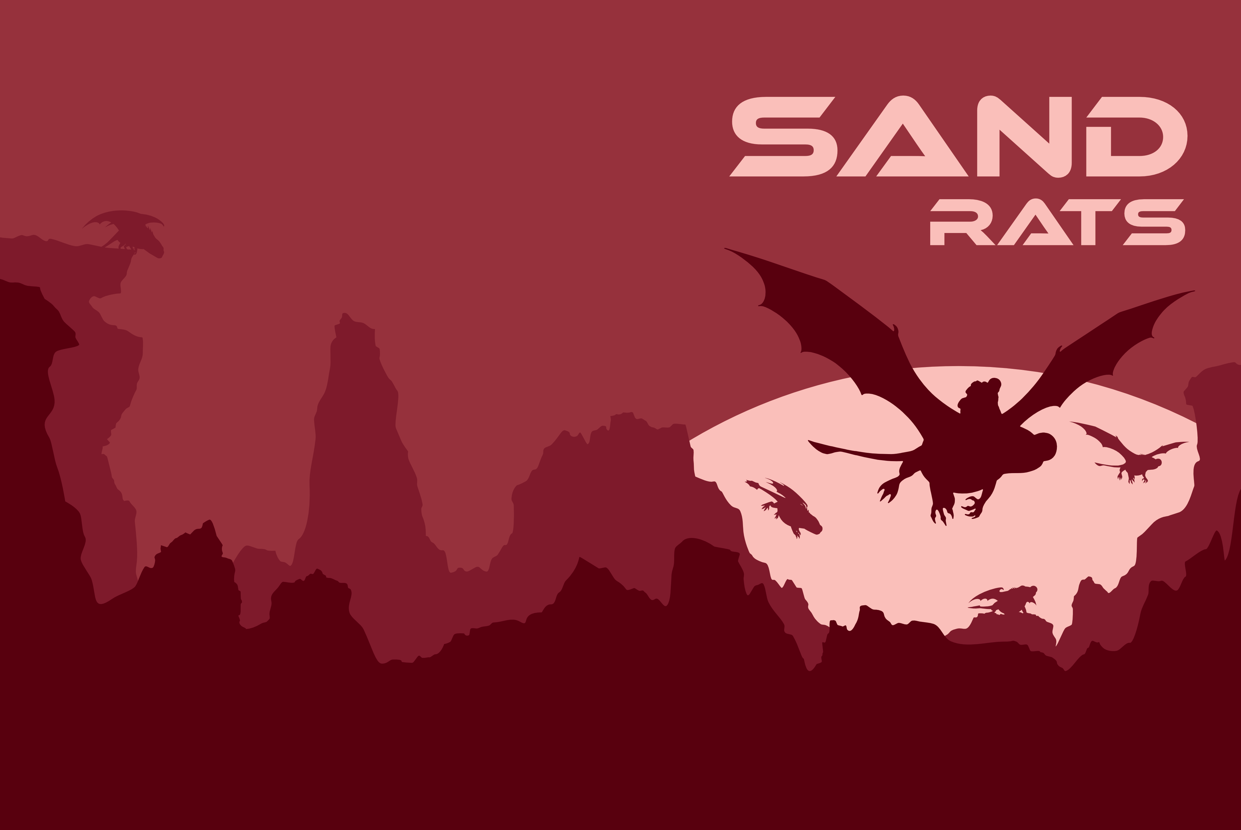 Sand Rats — the title revealed above the flying dragon creature against the alien world's crimson sky and pale sun